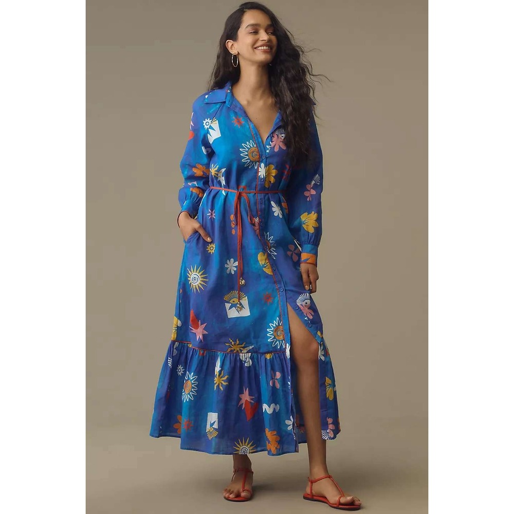 NWT La Maise Long-Sleeve Tie-Waist Ria Maxi Shirt Dress Button Down Blue Medium